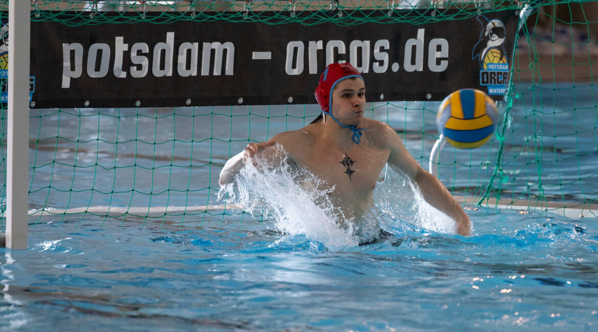 auf dem Bild: Trotz Niederlage „Spieler des Tages“: Erik Dortmann im Potsdamer Tor glänzte mit spektakulären Paraden. (Foto: S.Seifert)